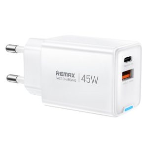 Brzi punjač za telefon Remax GaN 45W, USB-A i USB-C, beli