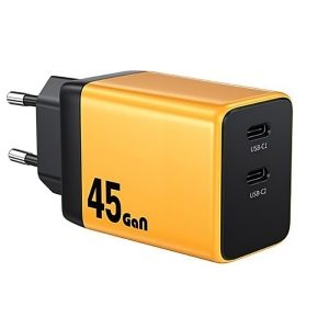 Brzi punjač za telefon Wekome WP-U33 GaN 45W, 2x USB-C, žuti