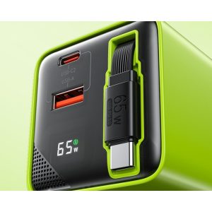 GaN punjač Wekome WP-U39 2-porta USB (3.0 i 3.1 tip C) 65W sa displejom i USB 3.1 tip C kablom 0.8m, žuti