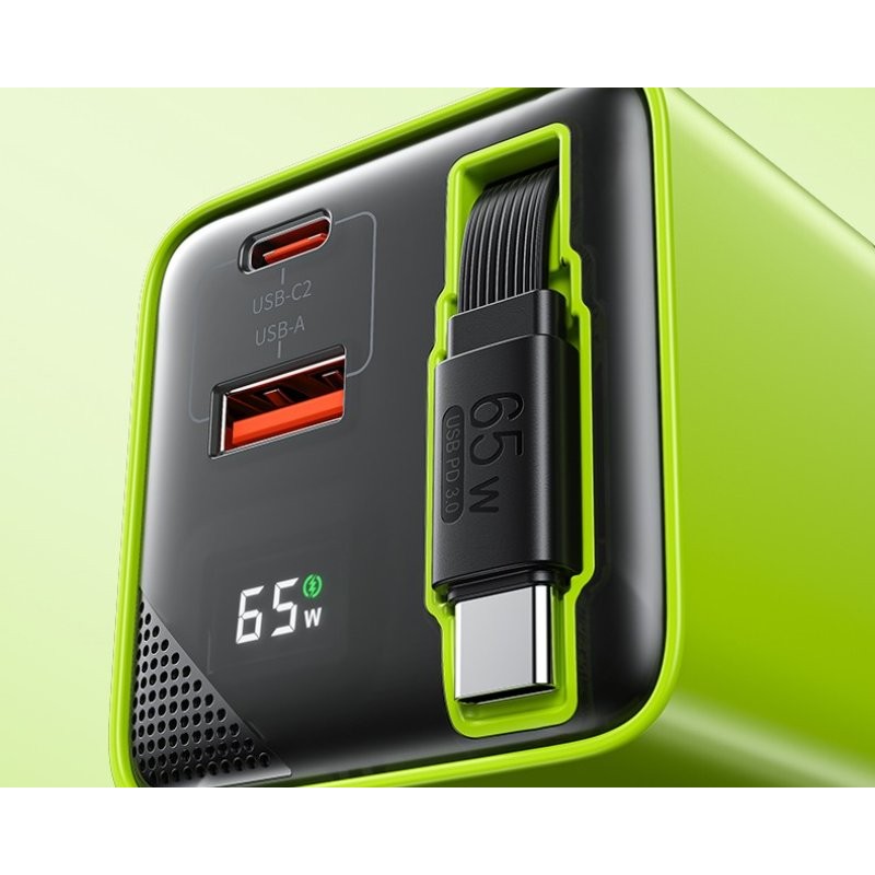 GaN punjač Wekome WP-U39 2-porta USB (3.0 i 3.1 tip C) 65W sa displejom i USB 3.1 tip C kablom 0.8m, žuti