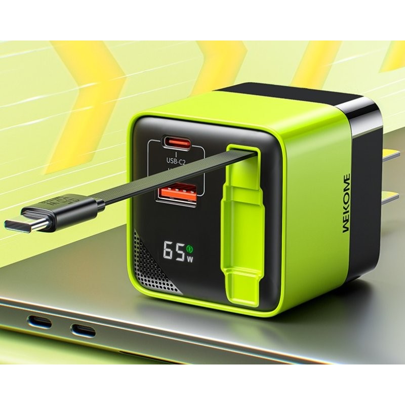 GaN punjač Wekome WP-U39 2-porta USB (3.0 i 3.1 tip C) 65W sa displejom i USB 3.1 tip C kablom 0.8m, žuti – slika 2