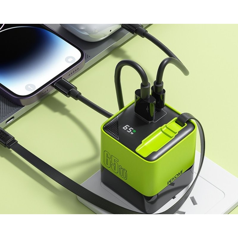GaN punjač Wekome WP-U39 2-porta USB (3.0 i 3.1 tip C) 65W sa displejom i USB 3.1 tip C kablom 0.8m, žuti – slika 4