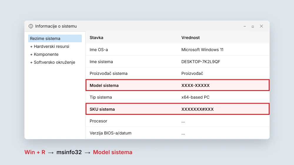 Prozor Informacije o sistemu (msinfo32) u Windowsu sa označenim redovima Model sistema i SKU sistema