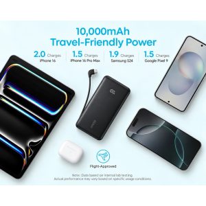 Power bank Anker Zolo 10000mAh 22.5W, ugrađen USB-C kabl, crni