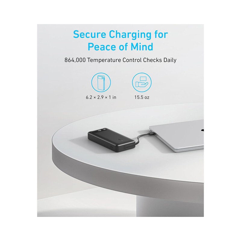 Power bank za laptop Anker 20000mAh 87W, ugrađen USB-C kabl, crni