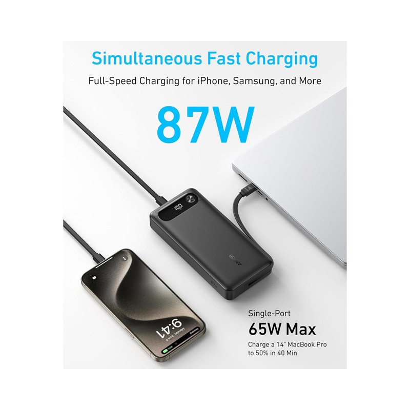 Power bank za laptop Anker 20000mAh 87W, ugrađen USB-C kabl, crni – slika 4