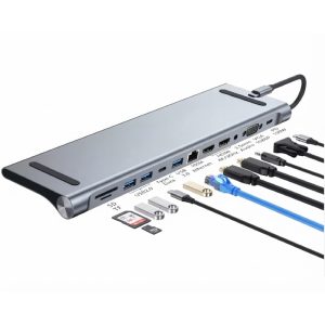 USB-C hub E-Green USB 3.1 tip C (M) 2 x HDMI + VGA + 3 x USB 3.0 + 1 x tip C-(PD 100W) + USB 2.0 + 3.5mm + SD/TF + RJ45 (F)1000 Mbps (12 u 1)