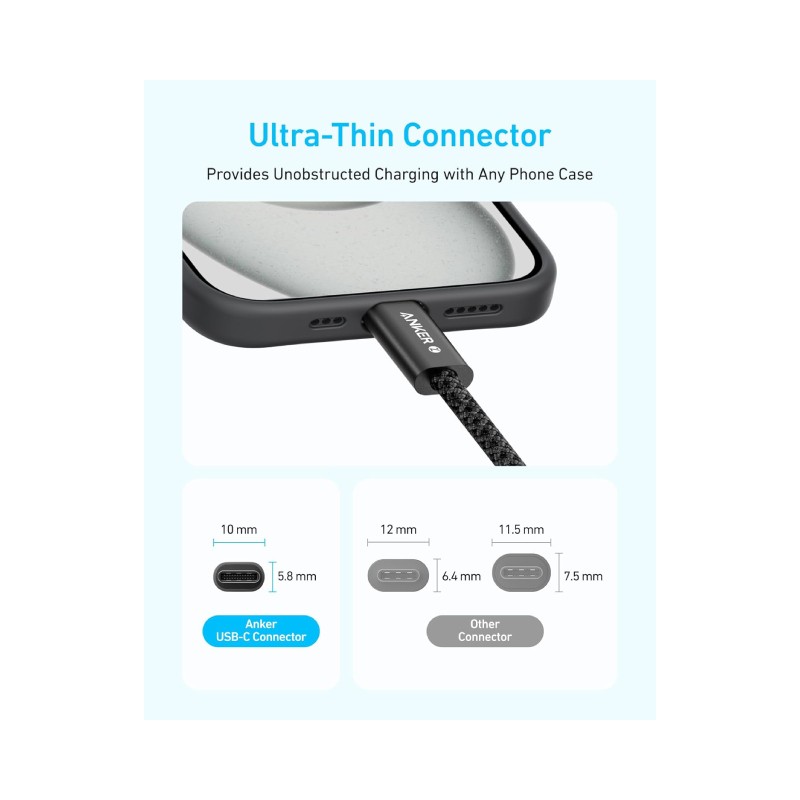 USB-C kabl Anker Zolo M/M 1.8m, za Apple, super brzo punjenje 240W/480Mbps, pleteni, crni – slika 3