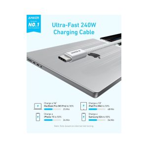 USB-C kabl Anker Zolo M/M 1m, za Apple, super brzo punjenje 240W/480Mbps, pleteni, beli