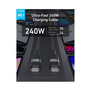 USB-C kabl M/M 0.9m, za Super brzo punjenje 240W/480Mbps, pleteni, crni Anker – slika 3