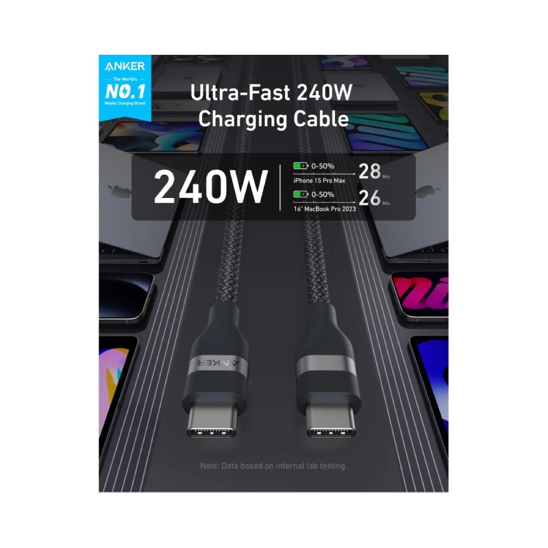 USB-C kabl M/M 0.9m, za Super brzo punjenje 240W/480Mbps, pleteni, crni Anker – slika 3